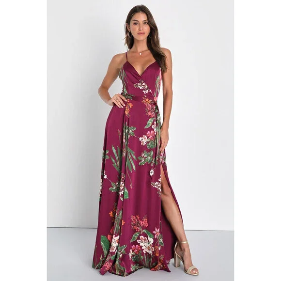 Lulus | Dresses | Lulus Still The One Burgundy Floral Print Satin Maxi Dress  Red Size Xl | Poshmark